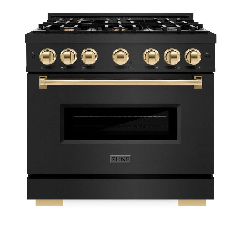ZLINE Autograph Edition 36 in. 5.2 cu. ft. Classic Dual Fuel Range with 6 Burner Gas Cooktop and Electric Convection Oven in Black Stainless Steel with Polished Gold Accents (CDRBZ-36-G) - (CDRBZ36G) -