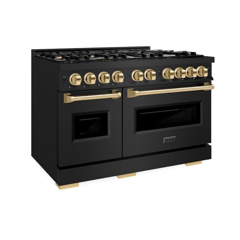 ZLINE Autograph Edition 48 in. 6.7 cu. ft. Classic Double Oven Dual Fuel Range with 8 Burner Gas Cooktop in Black Stainless Steel and Polished Gold Accents (CDRBZ-48-G) - (CDRBZ48G) -