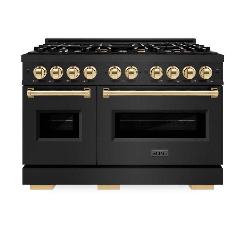 ZLINE Autograph Edition 48 in. 6.7 cu. ft. Classic Double Oven Dual Fuel Range with 8 Burner Gas Cooktop in Black Stainless Steel and Polished Gold Accents (CDRBZ-48-G) - (CDRBZ48G) -