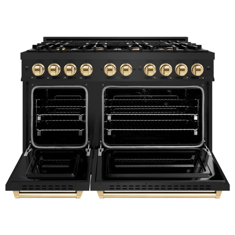 ZLINE Autograph Edition 48 in. 6.7 cu. ft. Classic Double Oven Dual Fuel Range with 8 Burner Gas Cooktop in Black Stainless Steel and Polished Gold Accents (CDRBZ-48-G) - (CDRBZ48G) -
