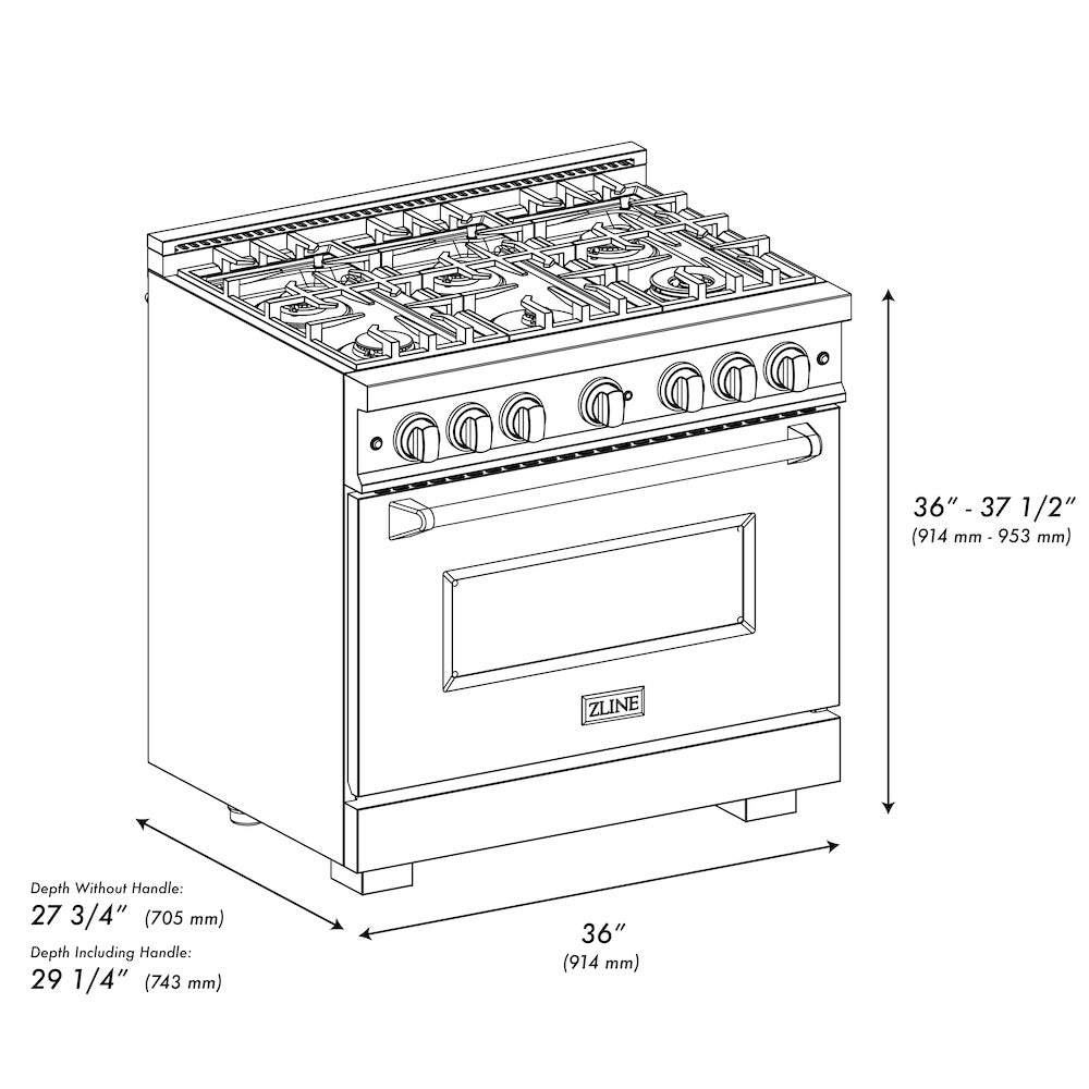 ZLINE 36 in. 5.2 cu. ft. Classic Dual Fuel Range with Gas Cooktop and Electric Convection Oven in DuraSnow® Stainless Steel with 6 Brass Burners (CDRS-BR-36) - (CDRSBR36) -