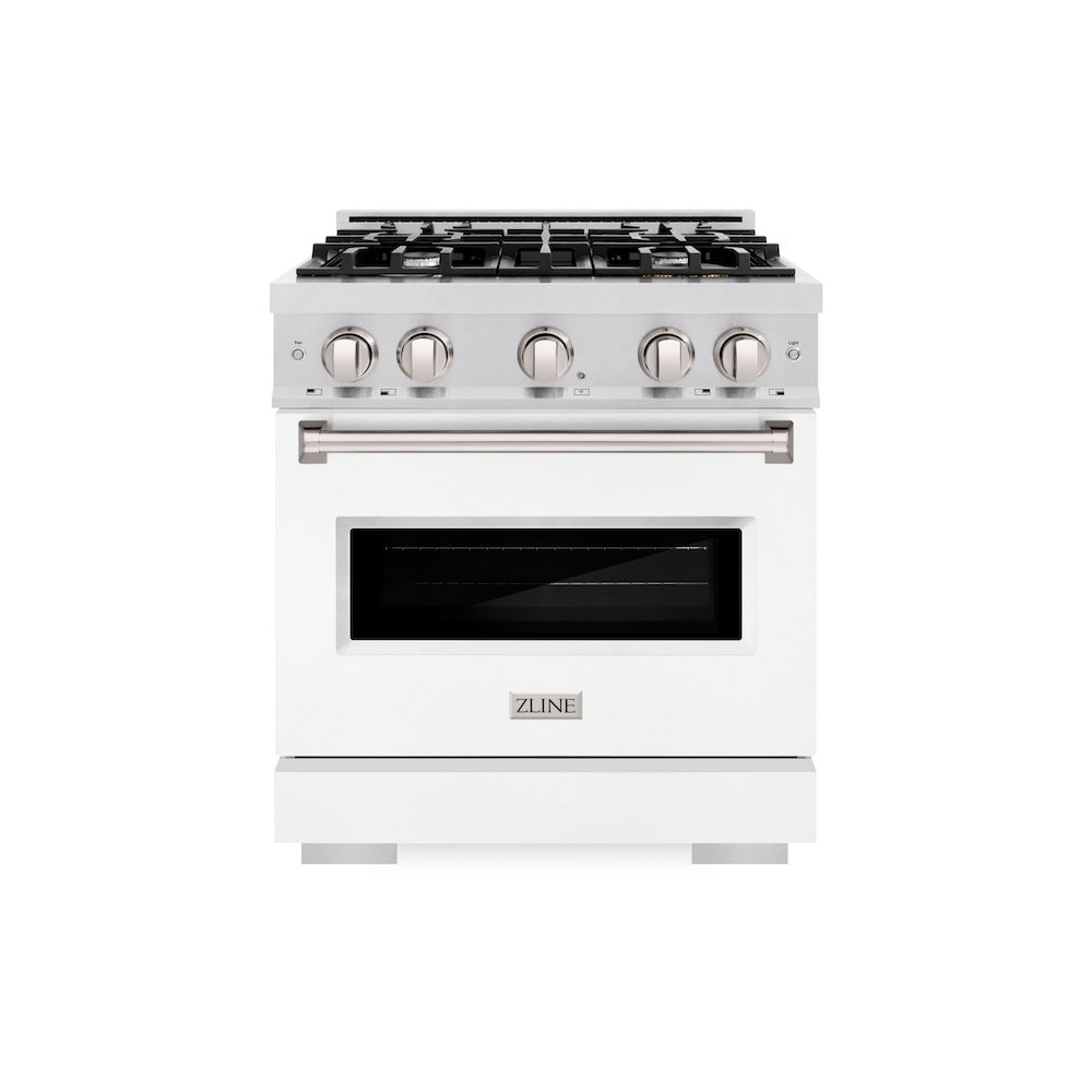 ZLINE 30 in. 4.2 cu. ft. Classic Dual Fuel Range with 4 Burner Gas Cooktop and Electric Convection Oven in DuraSnow® Stainless Steel with White Matte Door (CDRS-WM-30) - (CDRSWM30) -