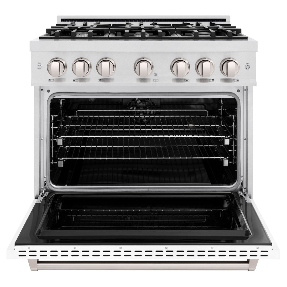 ZLINE 36 in. 5.2 cu. ft. Classic Dual Fuel Range with 6 Burner Gas Cooktop and Electric Convection Oven in DuraSnow® Stainless Steel with White Matte Door (CDRS-WM-36) - (CDRSWM36) -