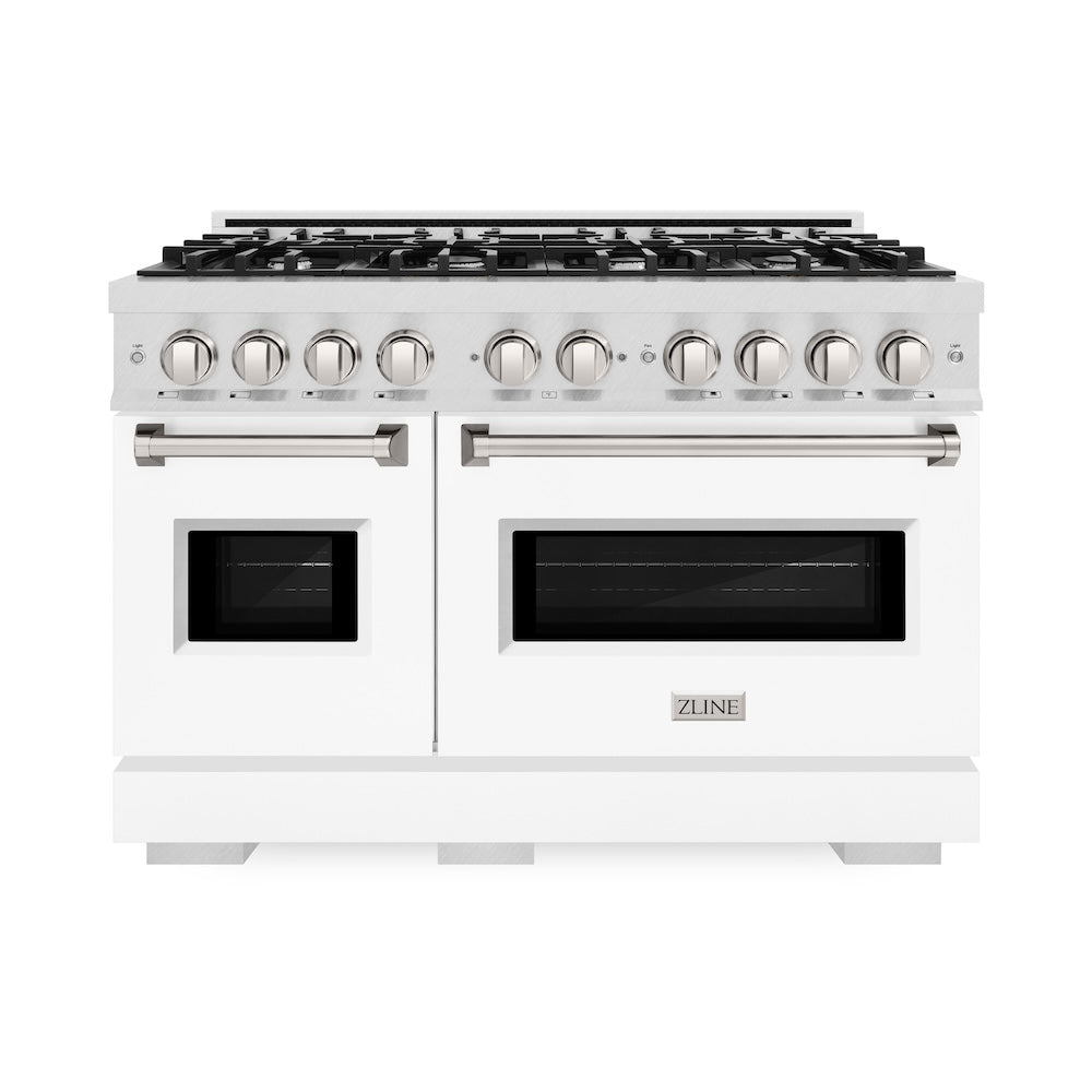 ZLINE 48 in. 6.7 cu. ft. Classic Double Oven Dual Fuel Range with 8 Burner Gas Cooktop in DuraSnow® Stainless Steel with White Matte Doors (CDRS-WM-48) - (CDRSWM48) -