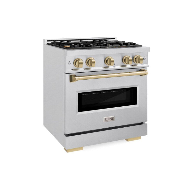 ZLINE Autograph Edition 30 in. 4.2 cu. ft. Classic Dual Fuel Range with 4 Burner Gas Cooktop and Electric Convection Oven in DuraSnow® Stainless Steel with Champagne Bronze Accents (CDRSZ-30-CB) - (CDRSZ30CB) -