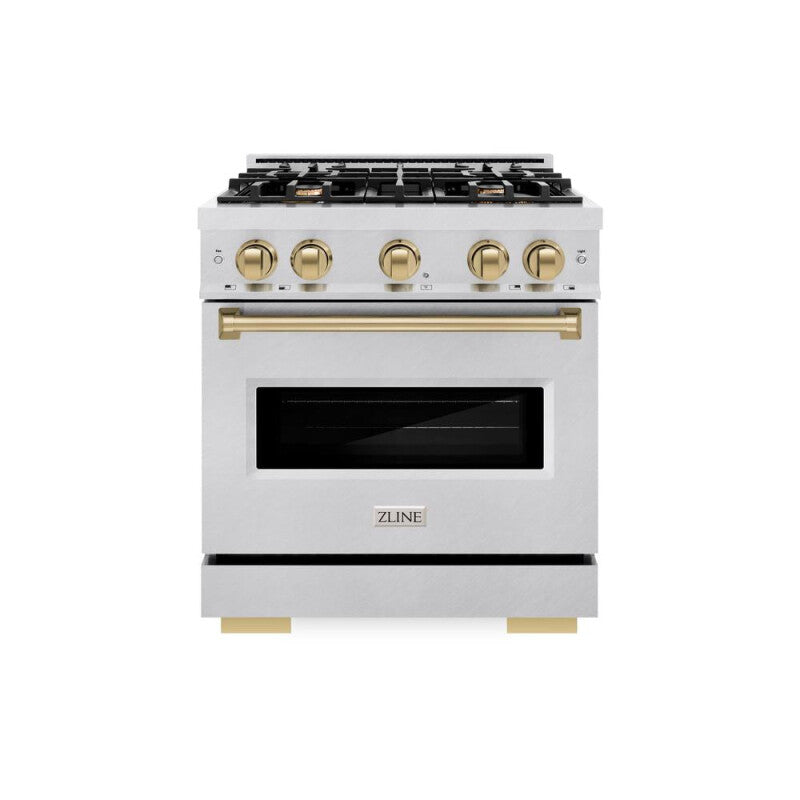 ZLINE Autograph Edition 30 in. 4.2 cu. ft. Classic Dual Fuel Range with 4 Burner Gas Cooktop and Electric Convection Oven in DuraSnow® Stainless Steel with Champagne Bronze Accents (CDRSZ-30-CB) - (CDRSZ30CB) -