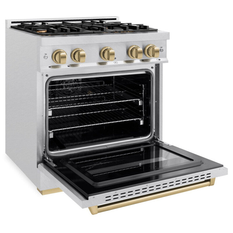 ZLINE Autograph Edition 30 in. 4.2 cu. ft. Classic Dual Fuel Range with 4 Burner Gas Cooktop and Electric Convection Oven in DuraSnow® Stainless Steel with Champagne Bronze Accents (CDRSZ-30-CB) - (CDRSZ30CB) -