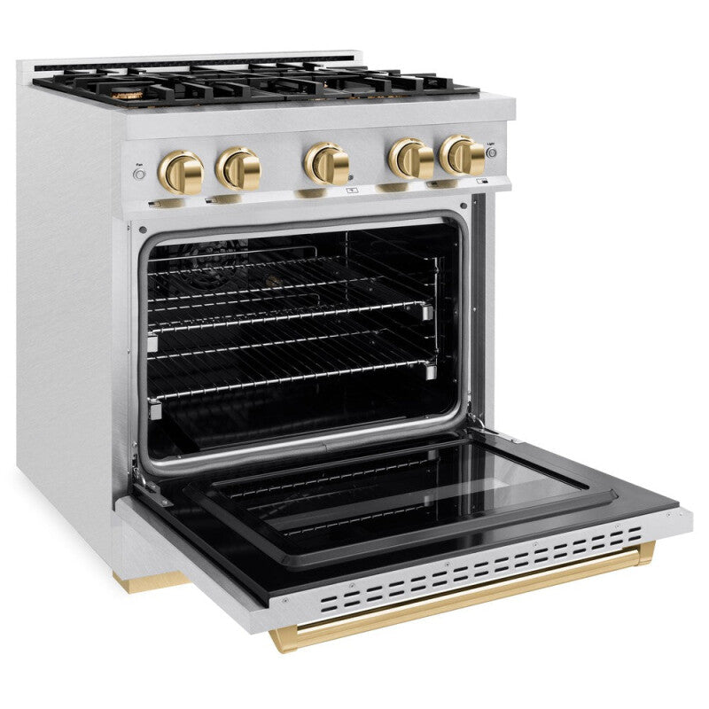 ZLINE Autograph Edition 30 in. 4.2 cu. ft. Classic Dual Fuel Range with 4 Burner Gas Cooktop and Electric Convection Oven in DuraSnow® Stainless Steel with Polished Gold Accents (CDRSZ-30-G) - (CDRSZ30G) -