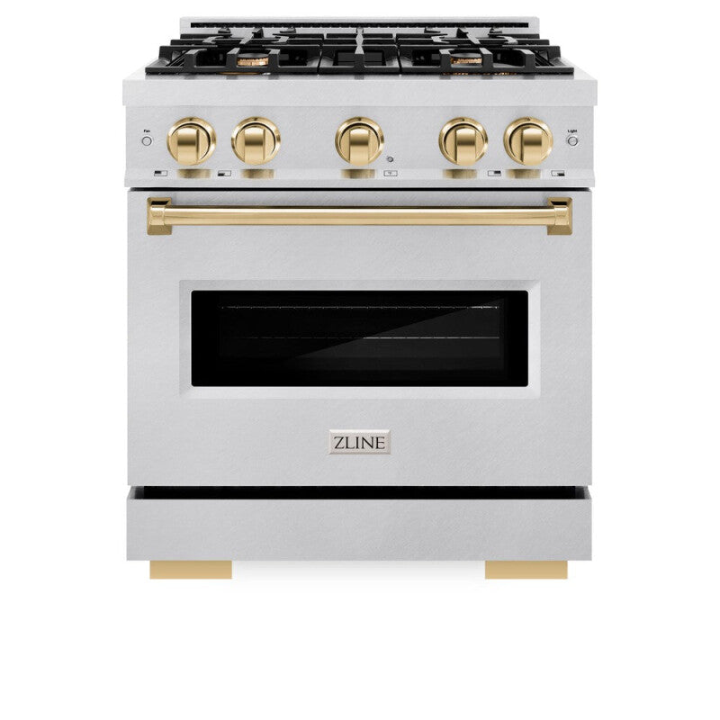 ZLINE Autograph Edition 30 in. 4.2 cu. ft. Classic Dual Fuel Range with 4 Burner Gas Cooktop and Electric Convection Oven in DuraSnow® Stainless Steel with Polished Gold Accents (CDRSZ-30-G) - (CDRSZ30G) -