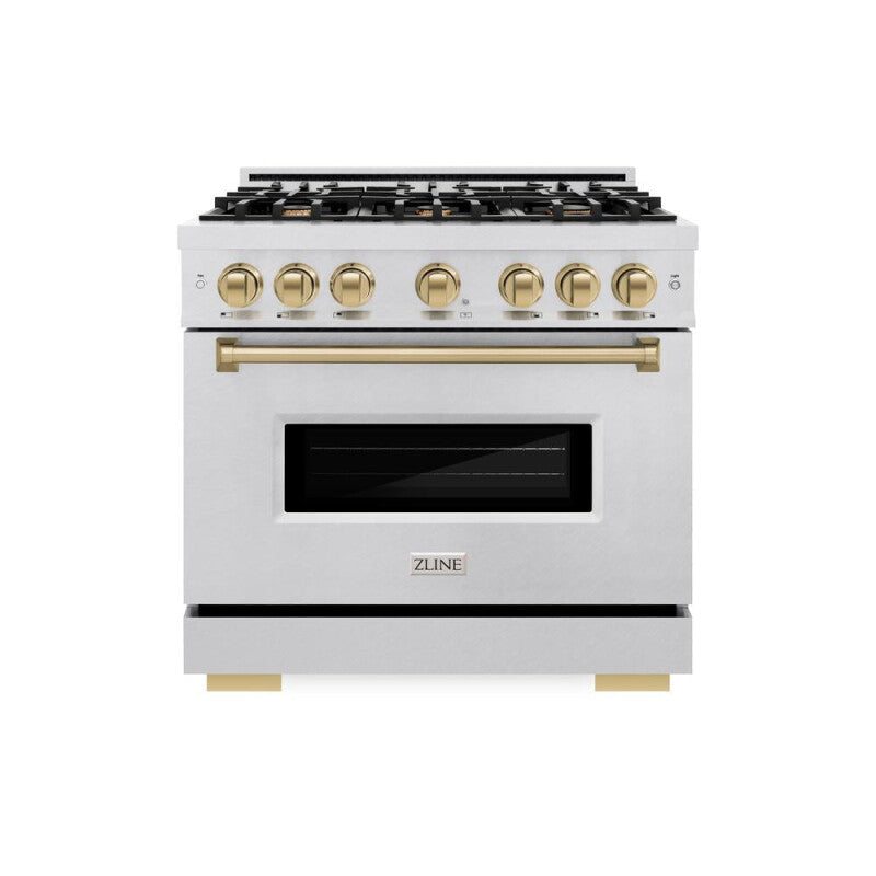 ZLINE Autograph Edition 36 in. 5.2 cu. ft. Classic Dual Fuel Range with 6 Burner Gas Cooktop and Electric Convection Oven in DuraSnow® Stainless Steel with Champagne Bronze Accents (CDRSZ-36-CB) - (CDRSZ36CB) -