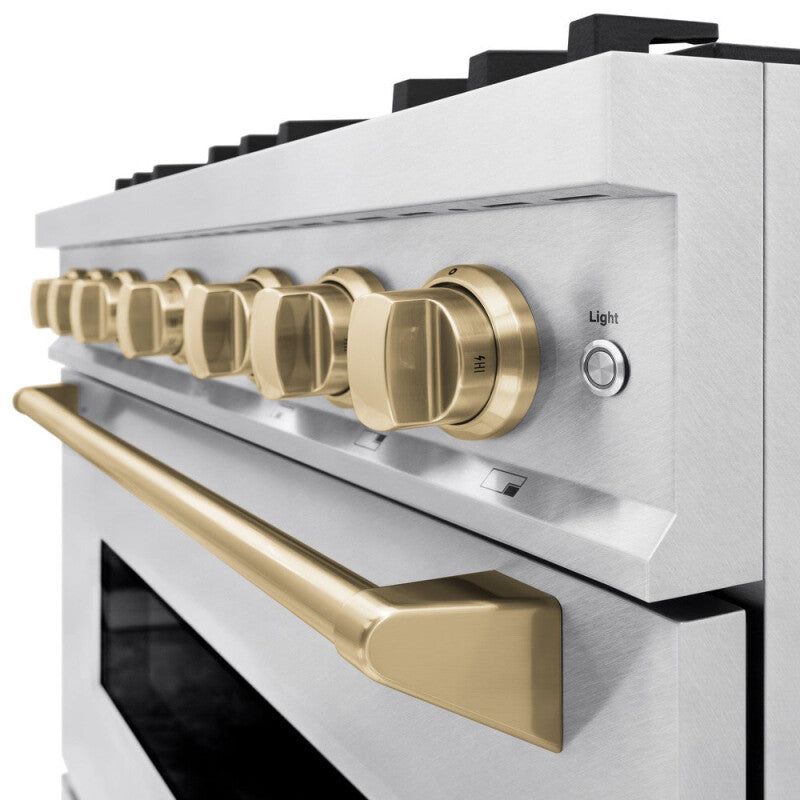 ZLINE Autograph Edition 36 in. 5.2 cu. ft. Classic Dual Fuel Range with 6 Burner Gas Cooktop and Electric Convection Oven in DuraSnow® Stainless Steel with Champagne Bronze Accents (CDRSZ-36-CB) - (CDRSZ36CB) -