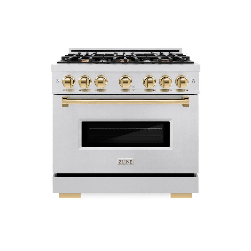 ZLINE Autograph Edition 36 in. 5.2 cu. ft. Classic Dual Fuel Range with 6 Burner Gas Cooktop and Electric Convection Oven in DuraSnow® Stainless Steel with Polished Gold Accents (CDRSZ-36-G) - (CDRSZ36G) -
