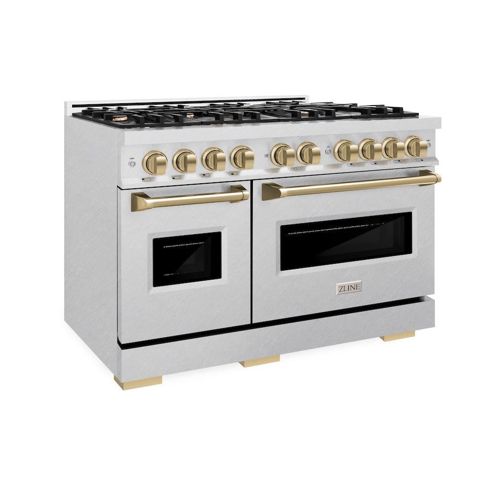 ZLINE Autograph Edition 48 in. 6.7 cu. ft. Classic Double Oven Dual Fuel Range with 8 Burner Gas Cooktop in DuraSnow® Stainless Steel and Champagne Bronze Accents (CDRSZ-48-CB) - (CDRSZ48CB) -