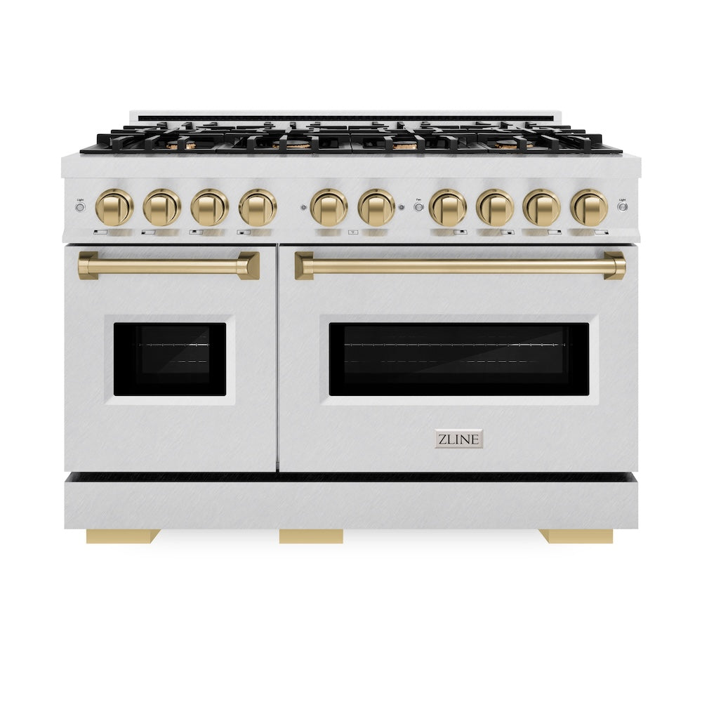 ZLINE Autograph Edition 48 in. 6.7 cu. ft. Classic Double Oven Dual Fuel Range with 8 Burner Gas Cooktop in DuraSnow® Stainless Steel and Champagne Bronze Accents (CDRSZ-48-CB) - (CDRSZ48CB) -