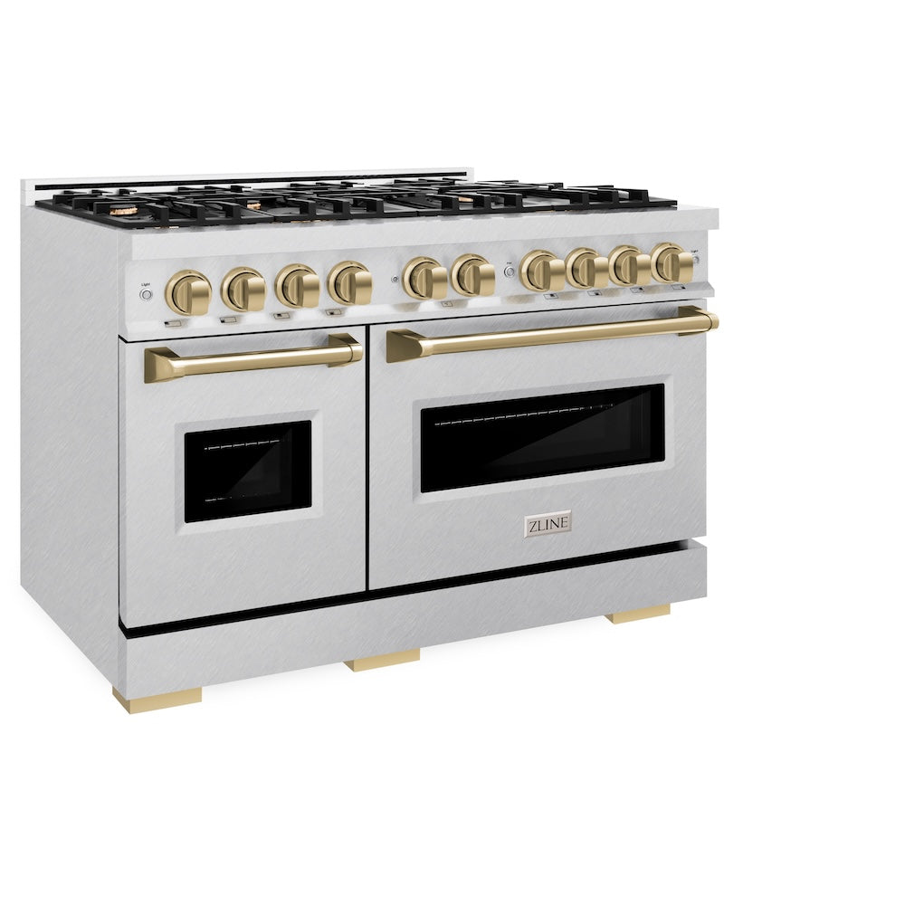 ZLINE Autograph Edition 48 in. 6.7 cu. ft. Classic Double Oven Dual Fuel Range with 8 Burner Gas Cooktop in DuraSnow® Stainless Steel and Champagne Bronze Accents (CDRSZ-48-CB) - (CDRSZ48CB) -