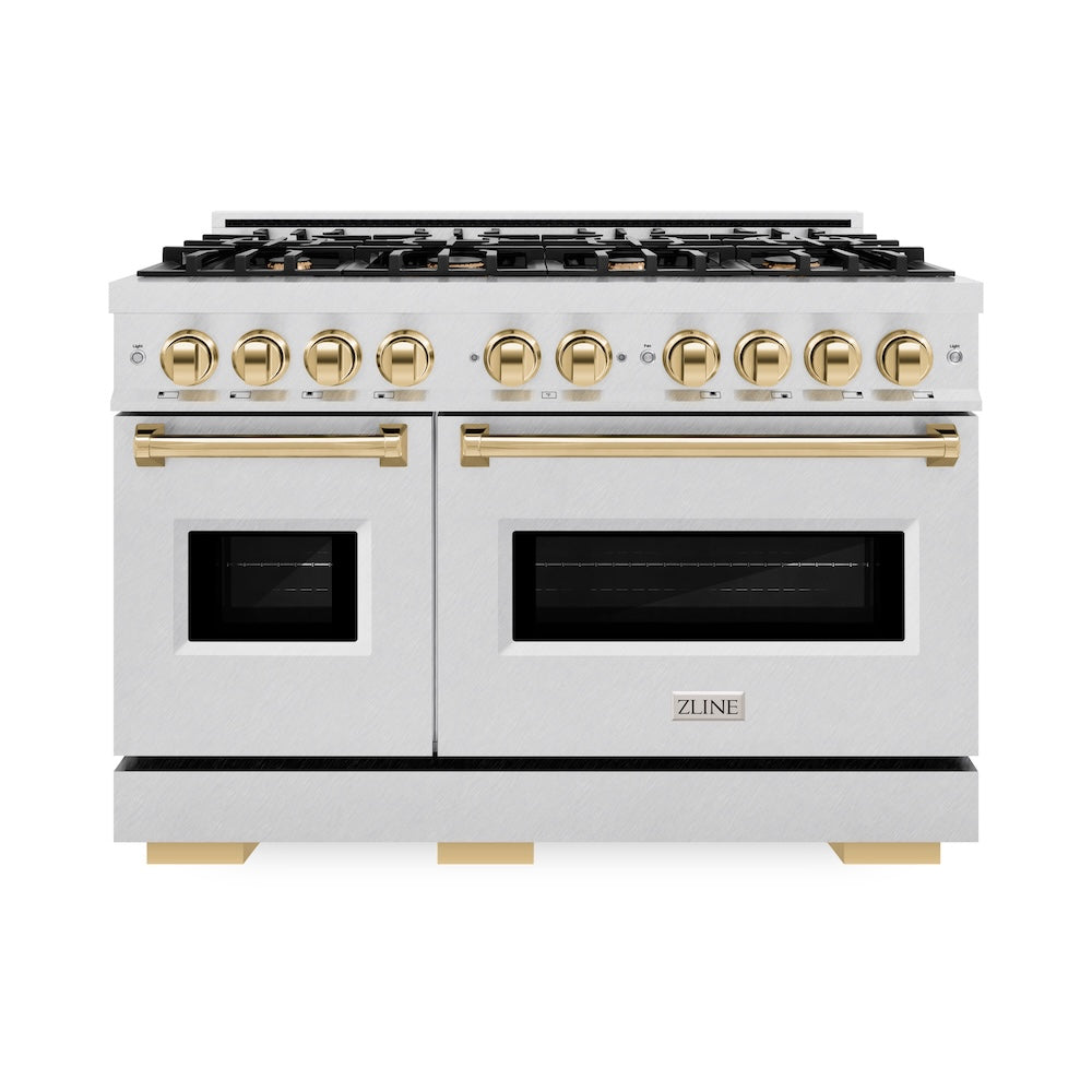 ZLINE Autograph Edition 48 in. 6.7 cu. ft. Classic Double Oven Dual Fuel Range with 8 Burner Gas Cooktop in DuraSnow® Stainless Steel and Polished Gold Accents (CDRSZ-48-G) - (CDRSZ48G) -