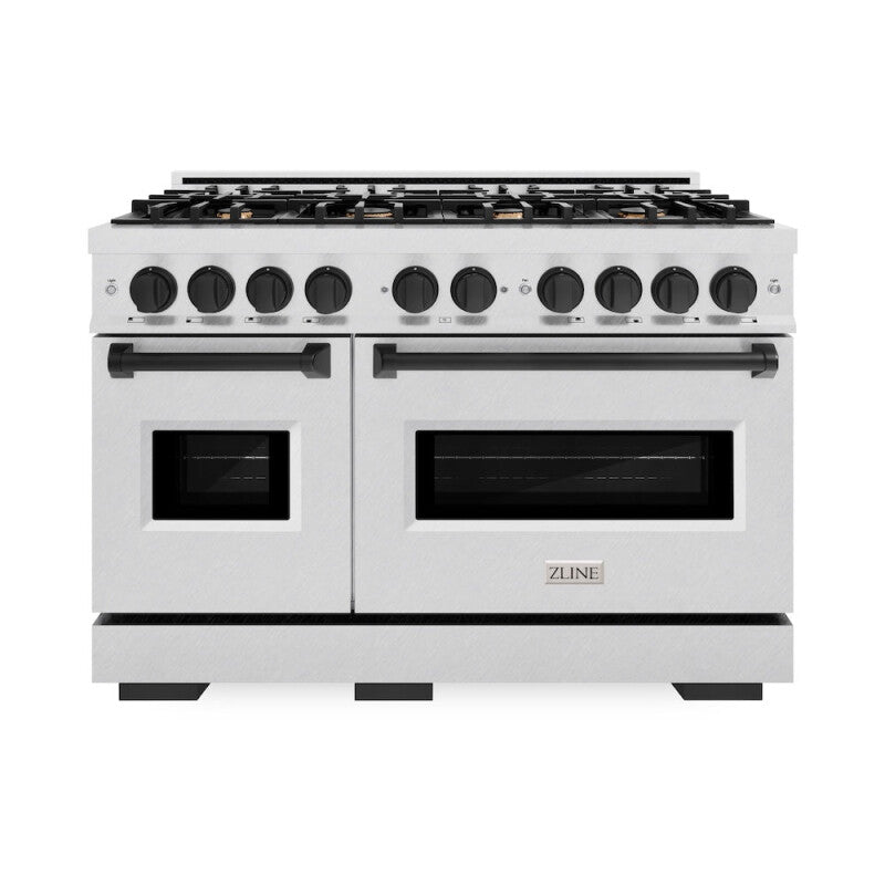 ZLINE Autograph Edition 48 in. 6.7 cu. ft. Classic Double Oven Dual Fuel Range with 8 Burner Gas Cooktop in DuraSnow® Stainless Steel and Matte Black Accents (CDRSZ-48-MB) - (CDRSZ48MB) -