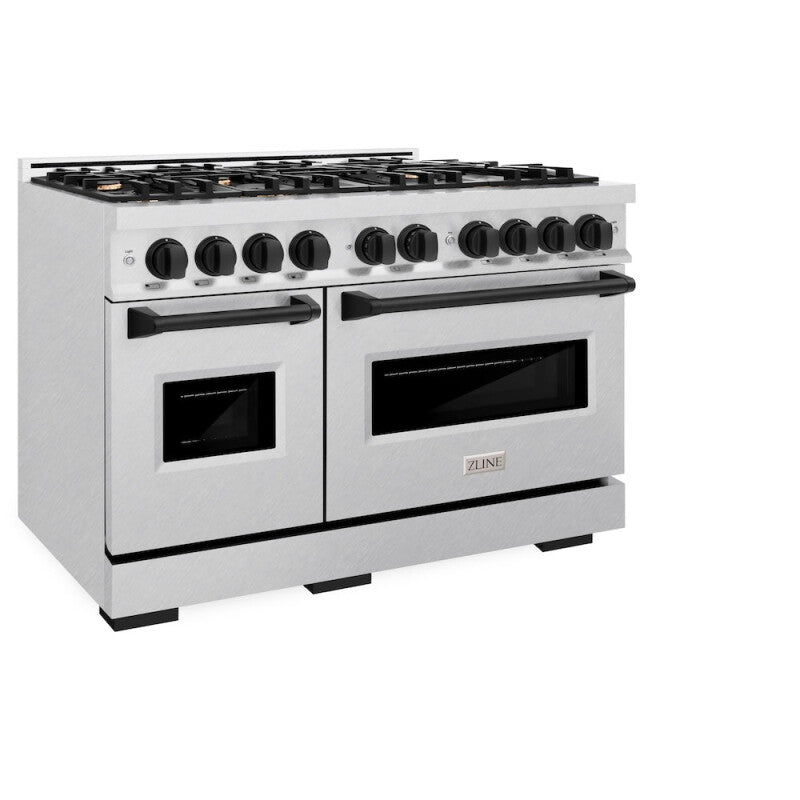 ZLINE Autograph Edition 48 in. 6.7 cu. ft. Classic Double Oven Dual Fuel Range with 8 Burner Gas Cooktop in DuraSnow® Stainless Steel and Matte Black Accents (CDRSZ-48-MB) - (CDRSZ48MB) -