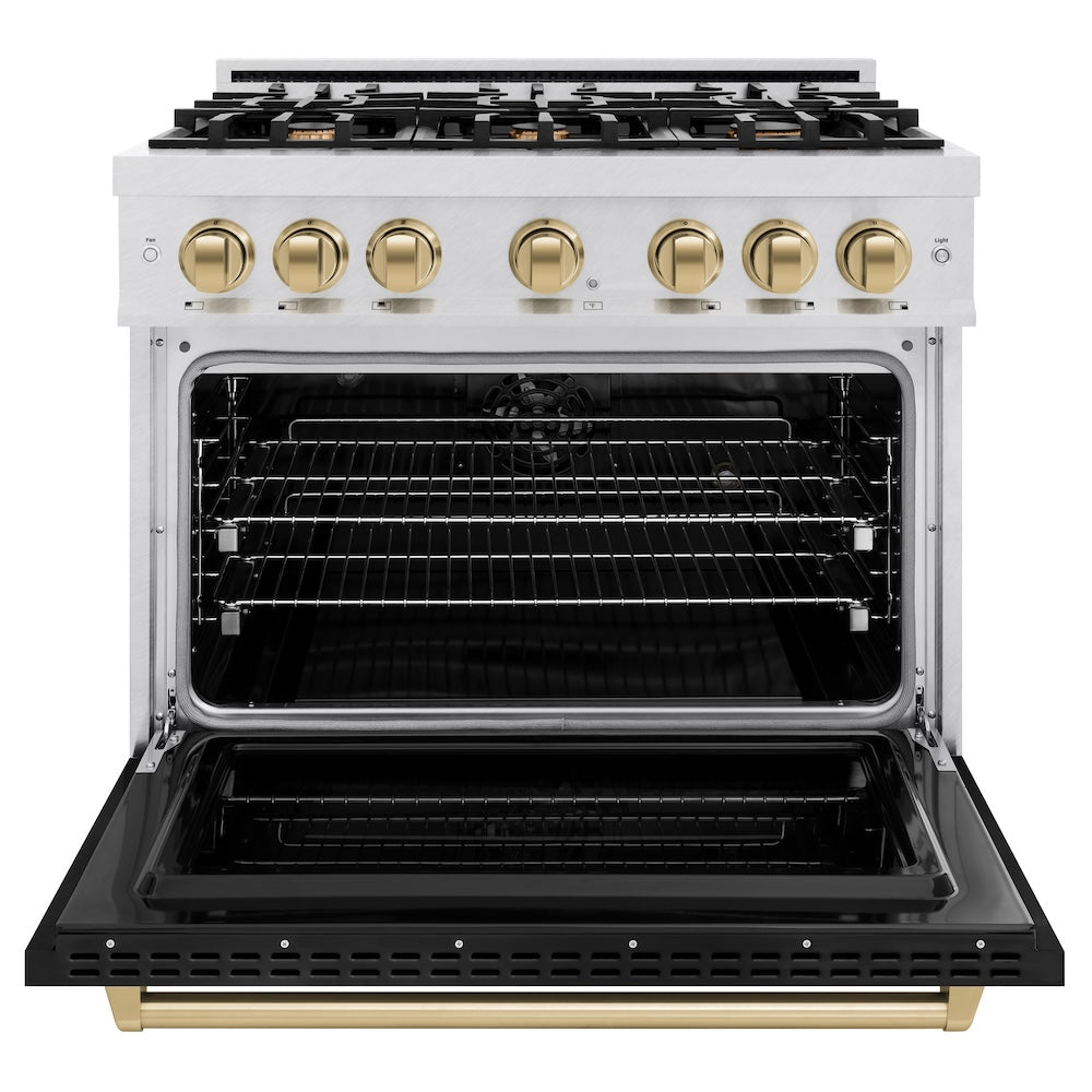 ZLINE Autograph Edition 36 in. 5.2 cu. ft. Classic Dual Fuel Range with 6 Burner Gas Cooktop and Electric Convection Oven in DuraSnow® Stainless Steel with Black Matte Door and Champagne Bronze Accents (CDRSZ-BLM-36-CB) - (CDRSZBLM36CB) -