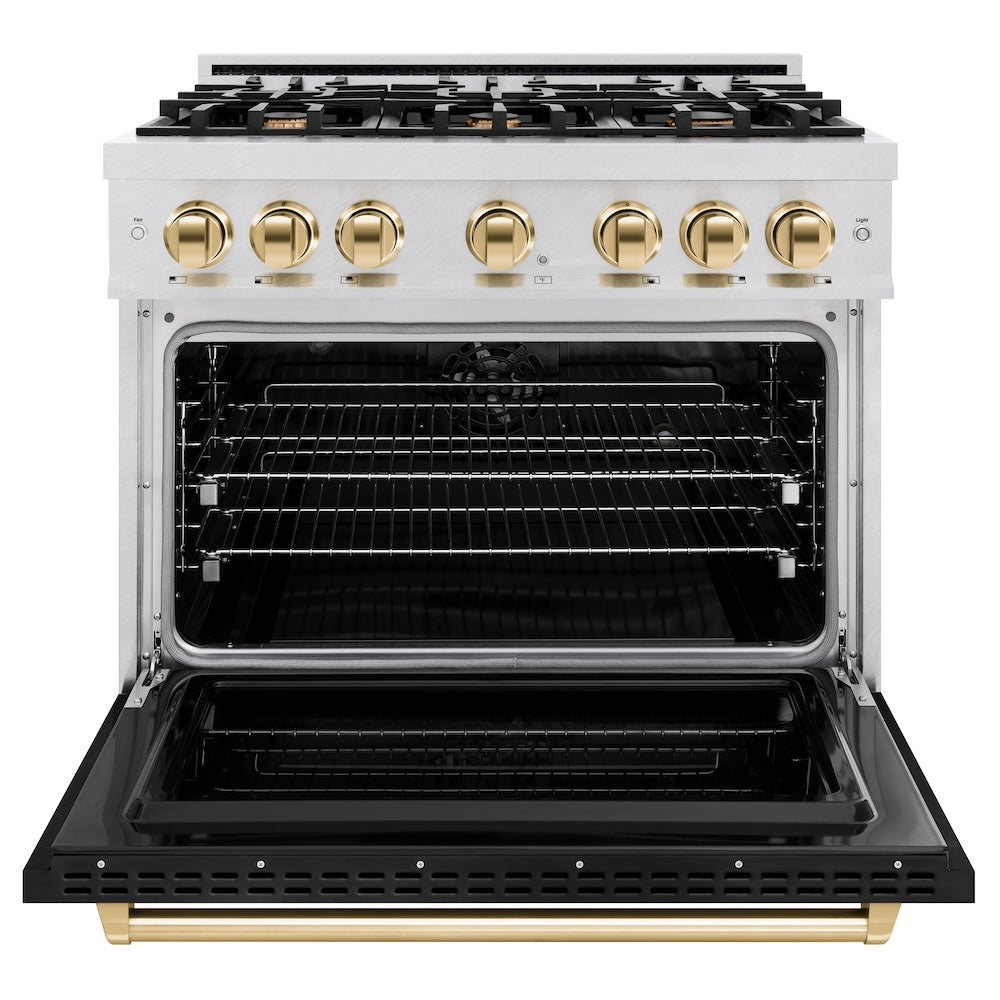 ZLINE Autograph Edition 36 in. 5.2 cu. ft. Classic Dual Fuel Range with 6 Burner Gas Cooktop and Electric Convection Oven in DuraSnow® Stainless Steel with Black Matte Door and Polished Gold Accents (CDRSZ-BLM-36-G) - (CDRSZBLM36G) -