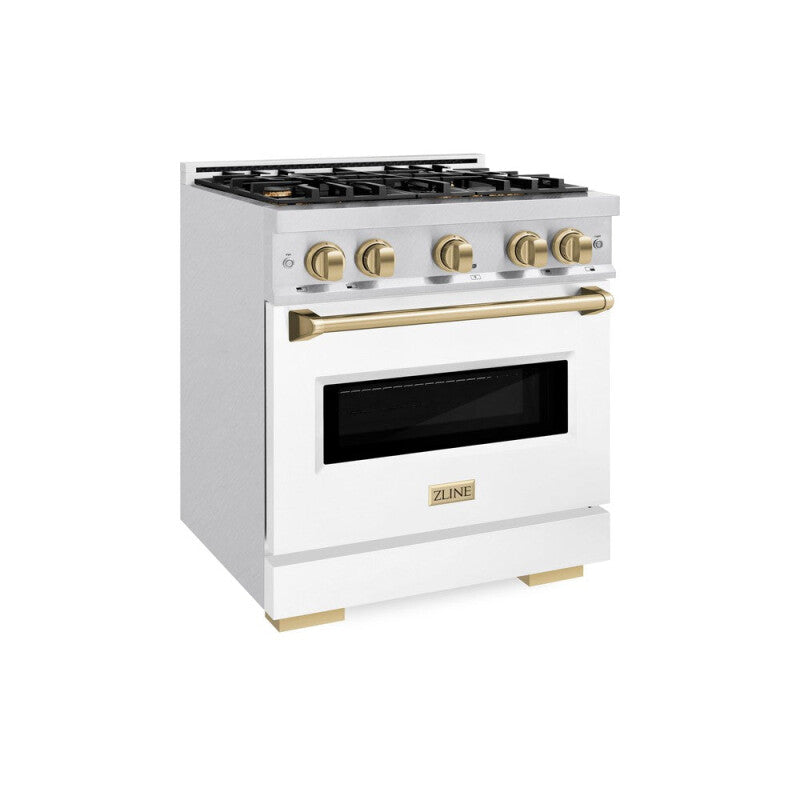 ZLINE Autograph Edition 30 in. 4.2 cu. ft. Classic Dual Fuel Range with 4 Burner Gas Cooktop and Electric Convection Oven in DuraSnow® Stainless Steel with White Matte Door and Champagne Bronze Accents (CDRSZ-WM-30-CB) - (CDRSZWM30CB) -