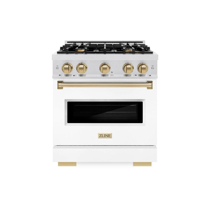 ZLINE Autograph Edition 30 in. 4.2 cu. ft. Classic Dual Fuel Range with 4 Burner Gas Cooktop and Electric Convection Oven in DuraSnow® Stainless Steel with White Matte Door and Champagne Bronze Accents (CDRSZ-WM-30-CB) - (CDRSZWM30CB) -