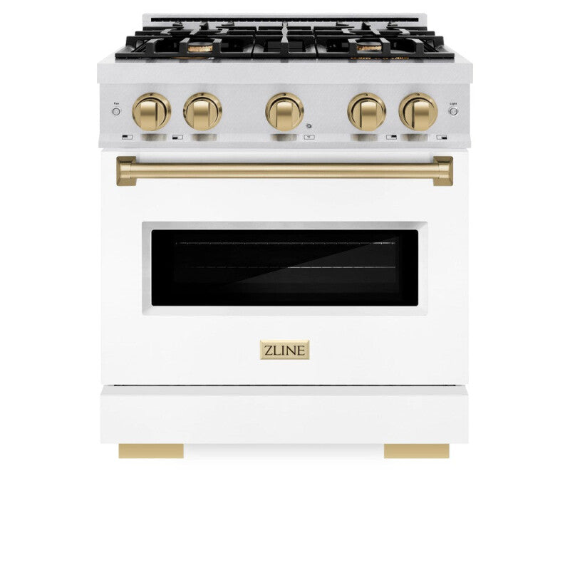 ZLINE Autograph Edition 30 in. 4.2 cu. ft. Classic Dual Fuel Range with 4 Burner Gas Cooktop and Electric Convection Oven in DuraSnow® Stainless Steel with White Matte Door and Champagne Bronze Accents (CDRSZ-WM-30-CB) - (CDRSZWM30CB) -