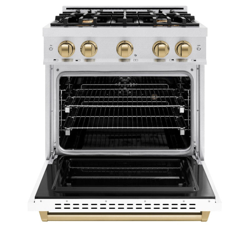 ZLINE Autograph Edition 30 in. 4.2 cu. ft. Classic Dual Fuel Range with 4 Burner Gas Cooktop and Electric Convection Oven in DuraSnow® Stainless Steel with White Matte Door and Champagne Bronze Accents (CDRSZ-WM-30-CB) - (CDRSZWM30CB) -