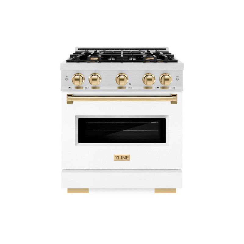 ZLINE Autograph Edition 30 in. 4.2 cu. ft. Classic Dual Fuel Range with 4 Burner Gas Cooktop and Electric Convection Oven in DuraSnow® Stainless Steel with White Matte Door and Polished Gold Accents (CDRSZ-WM-30-G) - (CDRSZWM30G) -