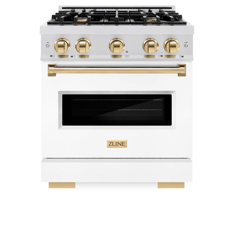 ZLINE Autograph Edition 30 in. 4.2 cu. ft. Classic Dual Fuel Range with 4 Burner Gas Cooktop and Electric Convection Oven in DuraSnow® Stainless Steel with White Matte Door and Polished Gold Accents (CDRSZ-WM-30-G) - (CDRSZWM30G) -