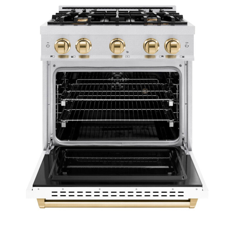 ZLINE Autograph Edition 30 in. 4.2 cu. ft. Classic Dual Fuel Range with 4 Burner Gas Cooktop and Electric Convection Oven in DuraSnow® Stainless Steel with White Matte Door and Polished Gold Accents (CDRSZ-WM-30-G) - (CDRSZWM30G) -