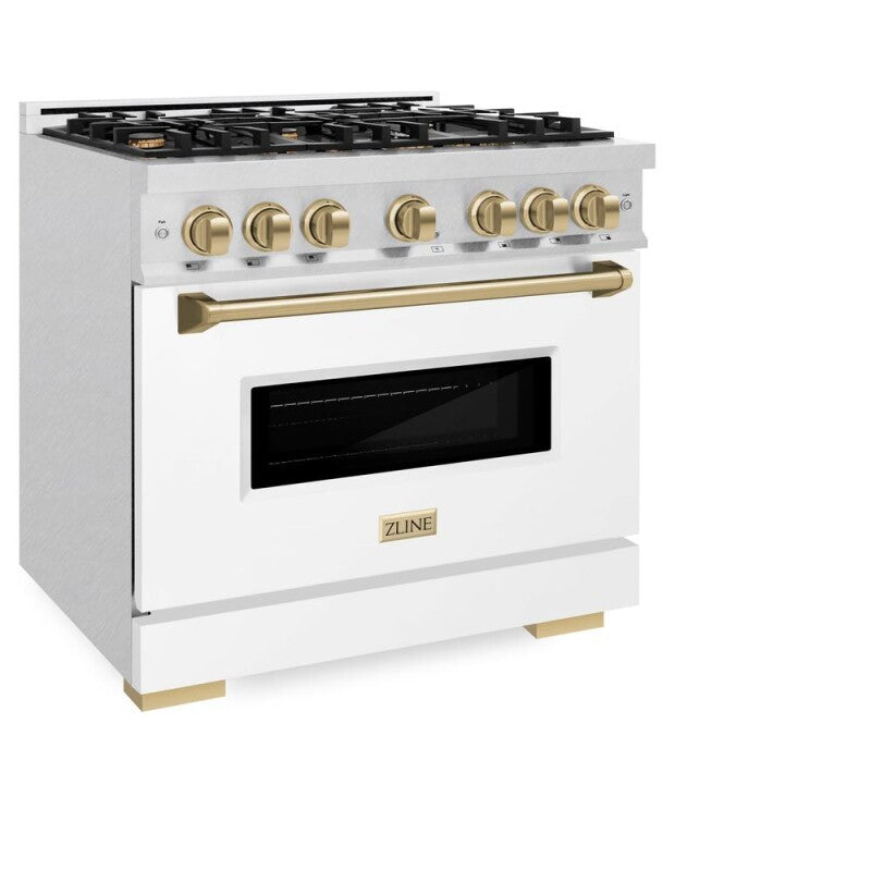 ZLINE Autograph Edition 36 in. 5.2 cu. ft. Classic Dual Fuel Range with 6 Burner Gas Cooktop and Electric Convection Oven in DuraSnow® Stainless Steel with White Matte Door and Champagne Bronze Accents (CDRSZ-WM-36-CB) - (CDRSZWM36CB) -