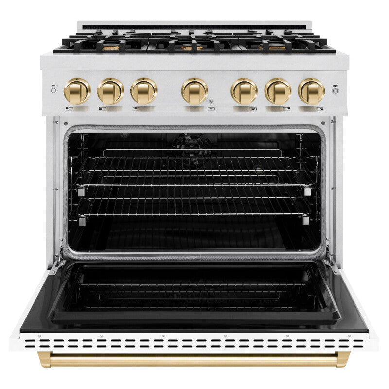 ZLINE Autograph Edition 36 in. 5.2 cu. ft. Classic Dual Fuel Range with 6 Burner Gas Cooktop and Electric Convection Oven in DuraSnow® Stainless Steel with White Matte Door and Polished Gold Accents (CDRSZ-WM-36-G) - (CDRSZWM36G) -