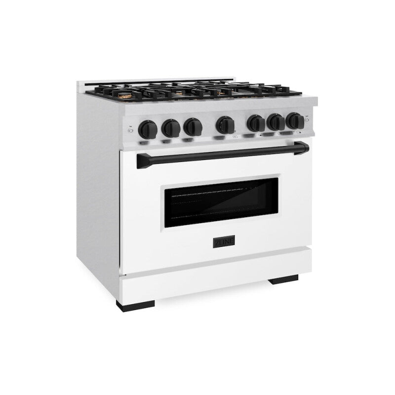 ZLINE Autograph Edition 36 in. 5.2 cu. ft. Classic Dual Fuel Range with 6 Burner Gas Cooktop and Electric Convection Oven in DuraSnow® Stainless Steel with White Matte Door and Matte Black Accents (CDRSZ-WM-36-MB) - (CDRSZWM36MB) -