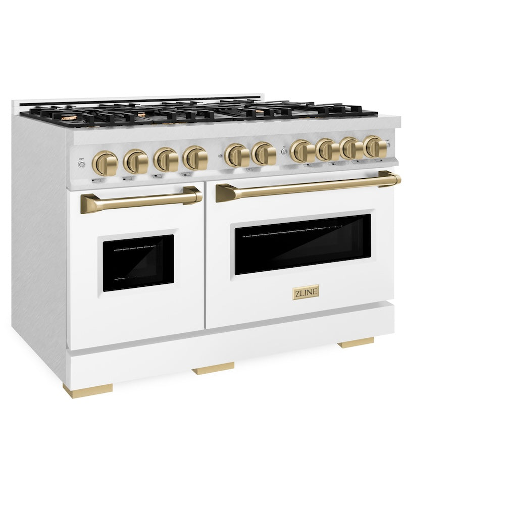 ZLINE Autograph Edition 48 in. 6.7 cu. ft. Classic Double Oven Dual Fuel Range with 8 Burner Gas Cooktop in DuraSnow® Stainless Steel with White Matte Doors and Champagne Bronze Accents (CDRSZ-WM-48-CB) - (CDRSZWM48CB) -