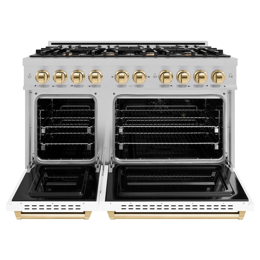 ZLINE Autograph Edition 48 in. 6.7 cu. ft. Classic Double Oven Dual Fuel Range with 8 Burner Gas Cooktop in DuraSnow® Stainless Steel with White Matte Doors and Polished Gold Accents (CDRSZ-WM-48-G) - (CDRSZWM48G) -