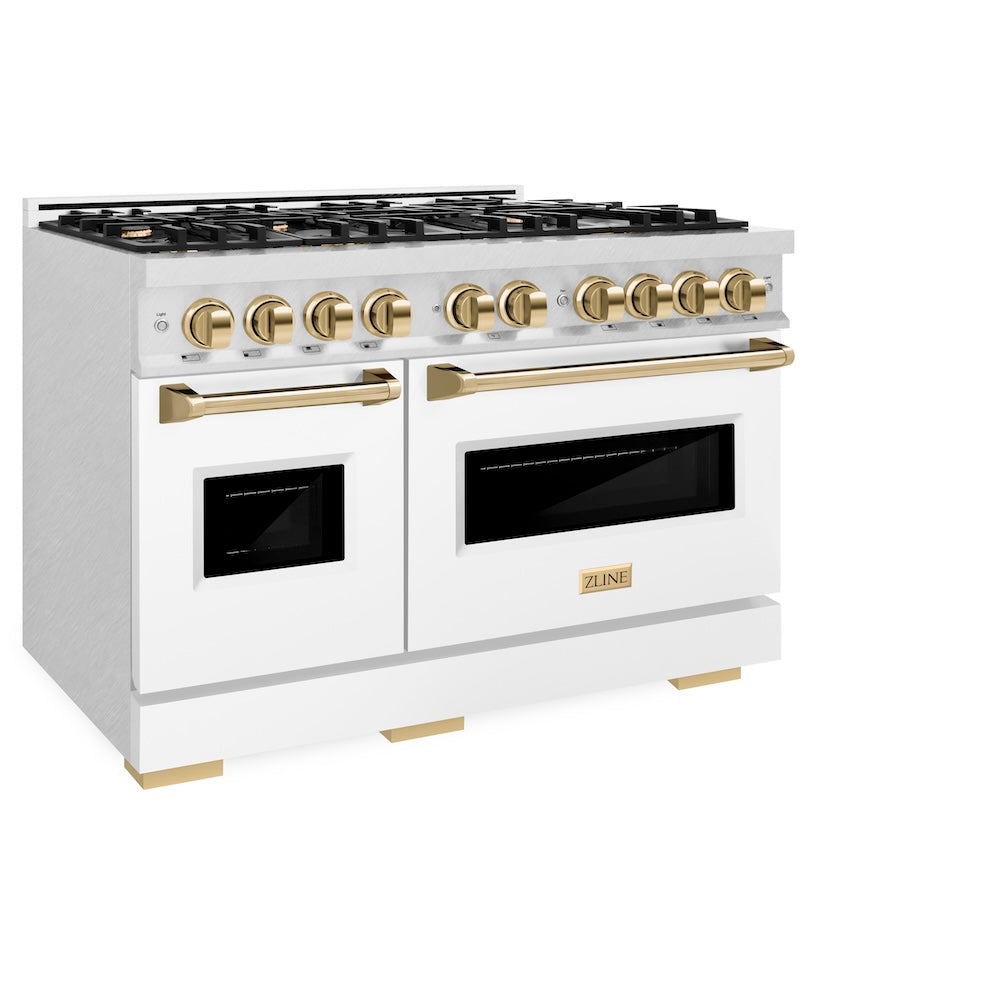 ZLINE Autograph Edition 48 in. 6.7 cu. ft. Classic Double Oven Dual Fuel Range with 8 Burner Gas Cooktop in DuraSnow® Stainless Steel with White Matte Doors and Polished Gold Accents (CDRSZ-WM-48-G) - (CDRSZWM48G) -