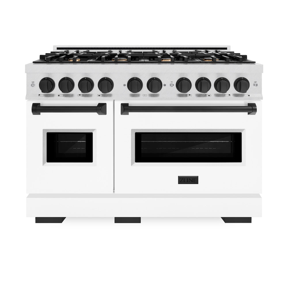 ZLINE Autograph Edition 48 in. 6.7 cu. ft. Classic Double Oven Dual Fuel Range with 8 Burner Gas Cooktop in DuraSnow® Stainless Steel with White Matte Doors and Matte Black Accents (CDRSZ-WM-48-MB) - (CDRSZWM48MB) -