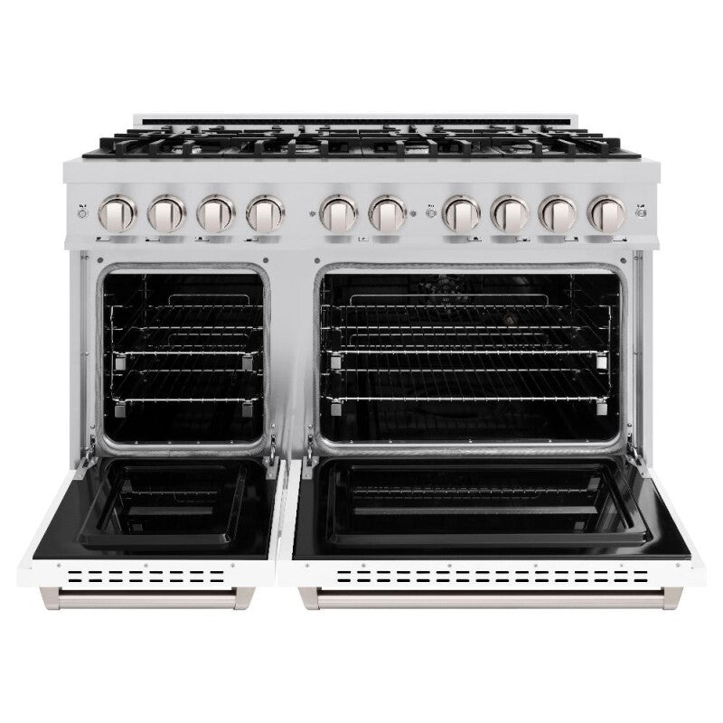 ZLINE 48 in. 6.7 cu. ft. Classic Double Oven Dual Fuel Range with 8 Burner Gas Cooktop in Stainless Steel with White Matte Doors (CDR-WM-48) - (CDRWM48) -