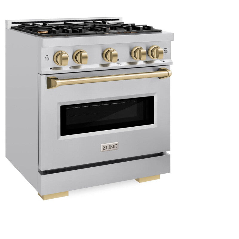 ZLINE Autograph Edition 30 in. 4.2 cu. ft. Classic Dual Fuel Range with 4 Burner Gas Cooktop and Electric Convection Oven in Stainless Steel with Champagne Bronze Accents (CDRZ-30-CB) - (CDRZ30CB) -