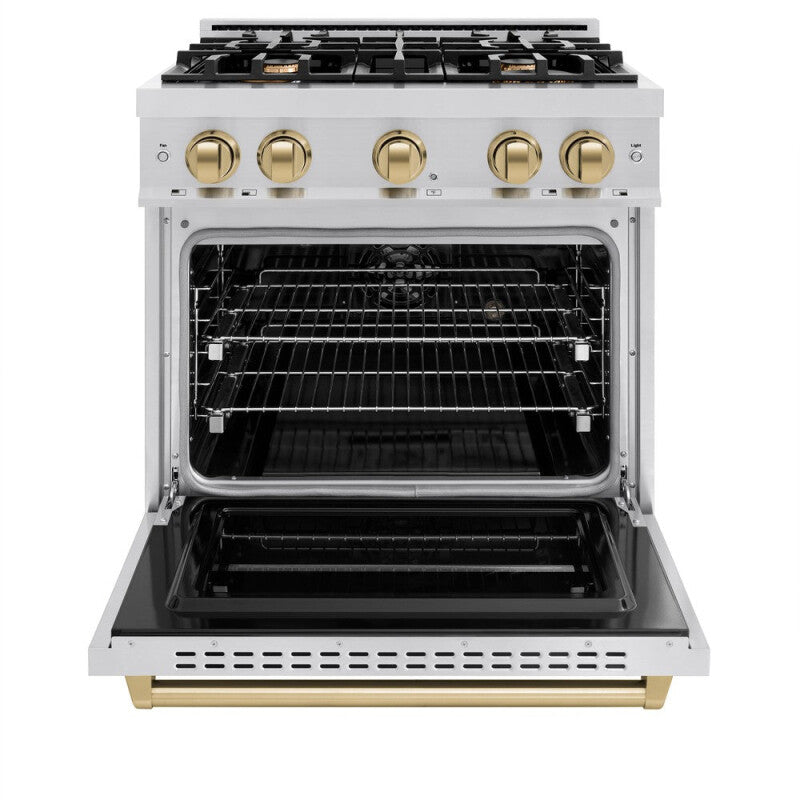 ZLINE Autograph Edition 30 in. 4.2 cu. ft. Classic Dual Fuel Range with 4 Burner Gas Cooktop and Electric Convection Oven in Stainless Steel with Champagne Bronze Accents (CDRZ-30-CB) - (CDRZ30CB) -