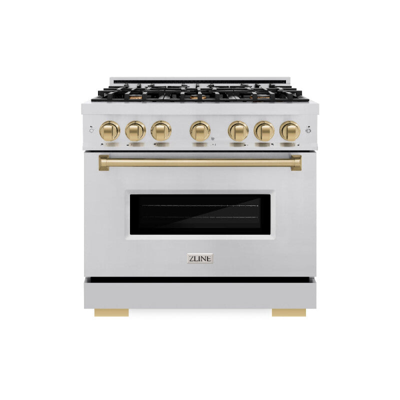 ZLINE Autograph Edition 36 in. 5.2 cu. ft. Classic Dual Fuel Range with 6 Burner Gas Cooktop and Electric Convection Oven in Stainless Steel with Champagne Bronze Accents (CDRZ-36-CB) - (CDRZ36CB) -