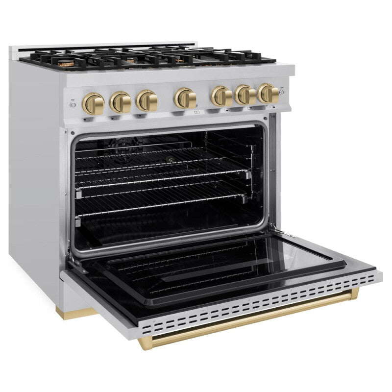 ZLINE Autograph Edition 36 in. 5.2 cu. ft. Classic Dual Fuel Range with 6 Burner Gas Cooktop and Electric Convection Oven in Stainless Steel with Champagne Bronze Accents (CDRZ-36-CB) - (CDRZ36CB) -