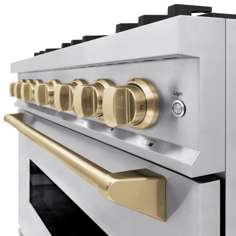 ZLINE Autograph Edition 36 in. 5.2 cu. ft. Classic Dual Fuel Range with 6 Burner Gas Cooktop and Electric Convection Oven in Stainless Steel with Champagne Bronze Accents (CDRZ-36-CB) - (CDRZ36CB) -