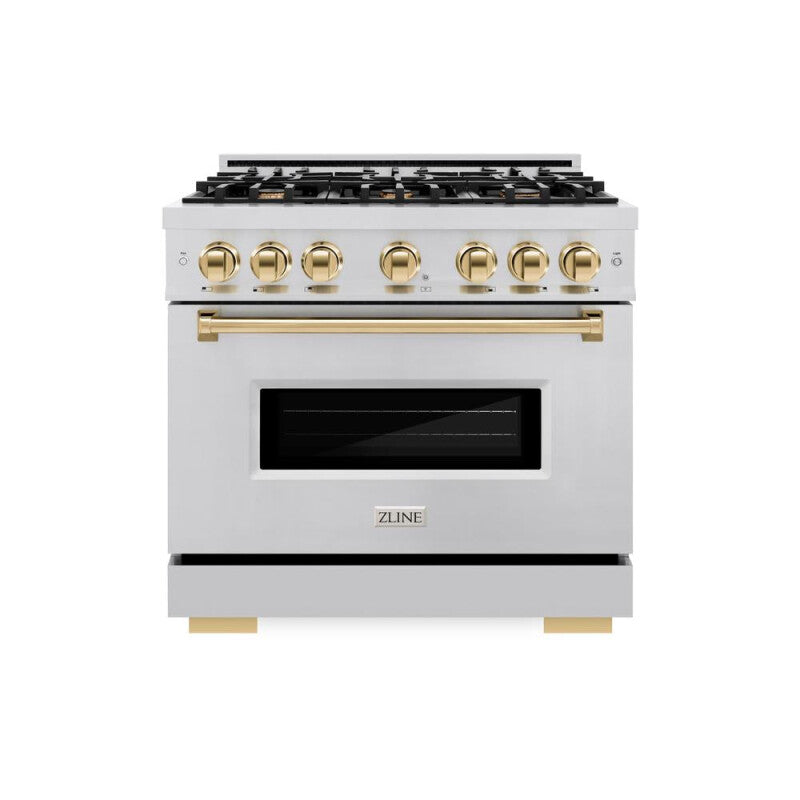 ZLINE Autograph Edition 36 in. 5.2 cu. ft. Classic Dual Fuel Range with 6 Burner Gas Cooktop and Electric Convection Oven in Stainless Steel with Polished Gold Accents (CDRZ-36-G) - (CDRZ36G) -