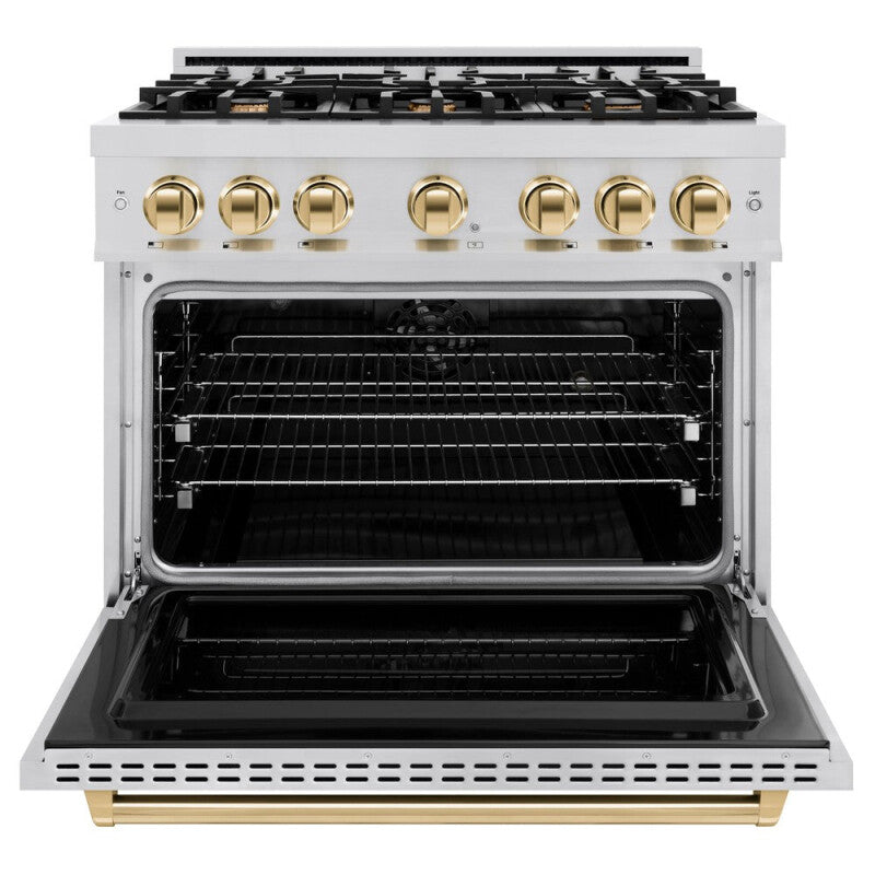 ZLINE Autograph Edition 36 in. 5.2 cu. ft. Classic Dual Fuel Range with 6 Burner Gas Cooktop and Electric Convection Oven in Stainless Steel with Polished Gold Accents (CDRZ-36-G) - (CDRZ36G) -