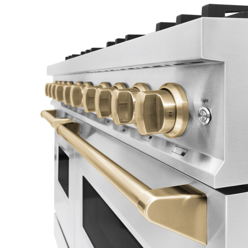 ZLINE Autograph Edition 48 in. 6.7 cu. ft. Classic Double Oven Dual Fuel Range with 8 Burner Gas Cooktop in Stainless Steel and Champagne Bronze Accents (CDRZ-48-CB) - (CDRZ48CB) -
