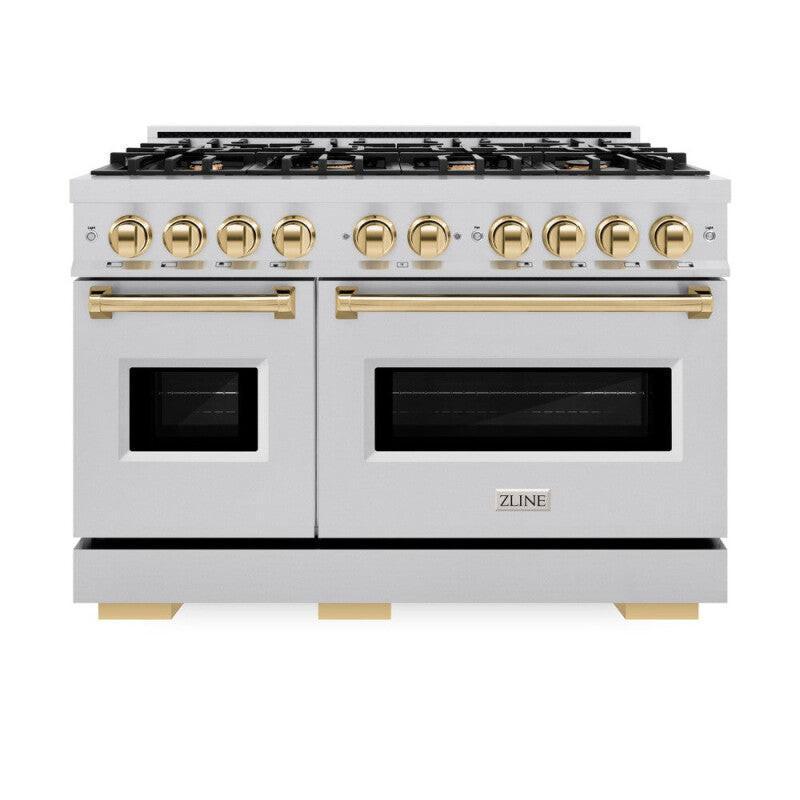 ZLINE Autograph Edition 48 in. 6.7 cu. ft. Classic Double Oven Dual Fuel Range with 8 Burner Gas Cooktop in Stainless Steel and Polished Gold Accents (CDRZ-48-G) - (CDRZ48G) -
