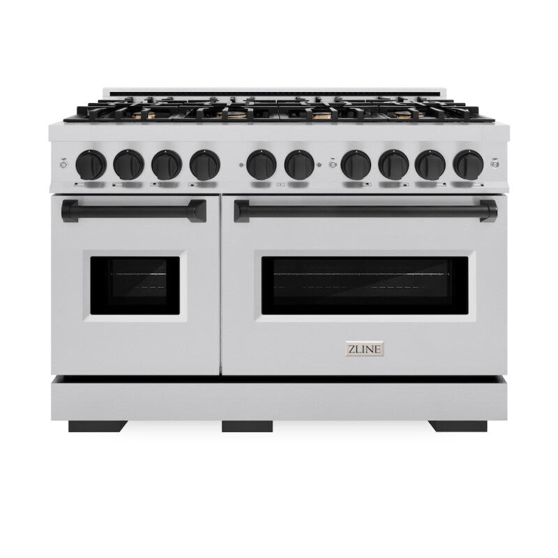ZLINE Autograph Edition 48 in. 6.7 cu. ft. Classic Double Oven Dual Fuel Range with 8 Burner Gas Cooktop in Stainless Steel and Matte Black Accents (CDRZ-48-MB) - (CDRZ48MB) -