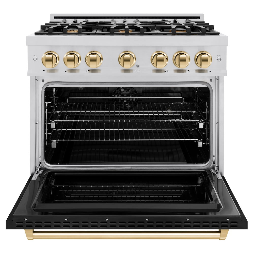 ZLINE Autograph Edition 36 in. 5.2 cu. ft. Classic Dual Fuel Range with 6 Burner Gas Cooktop and Electric Convection Oven in Stainless Steel with Black Matte Door and Polished Gold Accents (CDRZ-BLM-36-G) - (CDRZBLM36G) -
